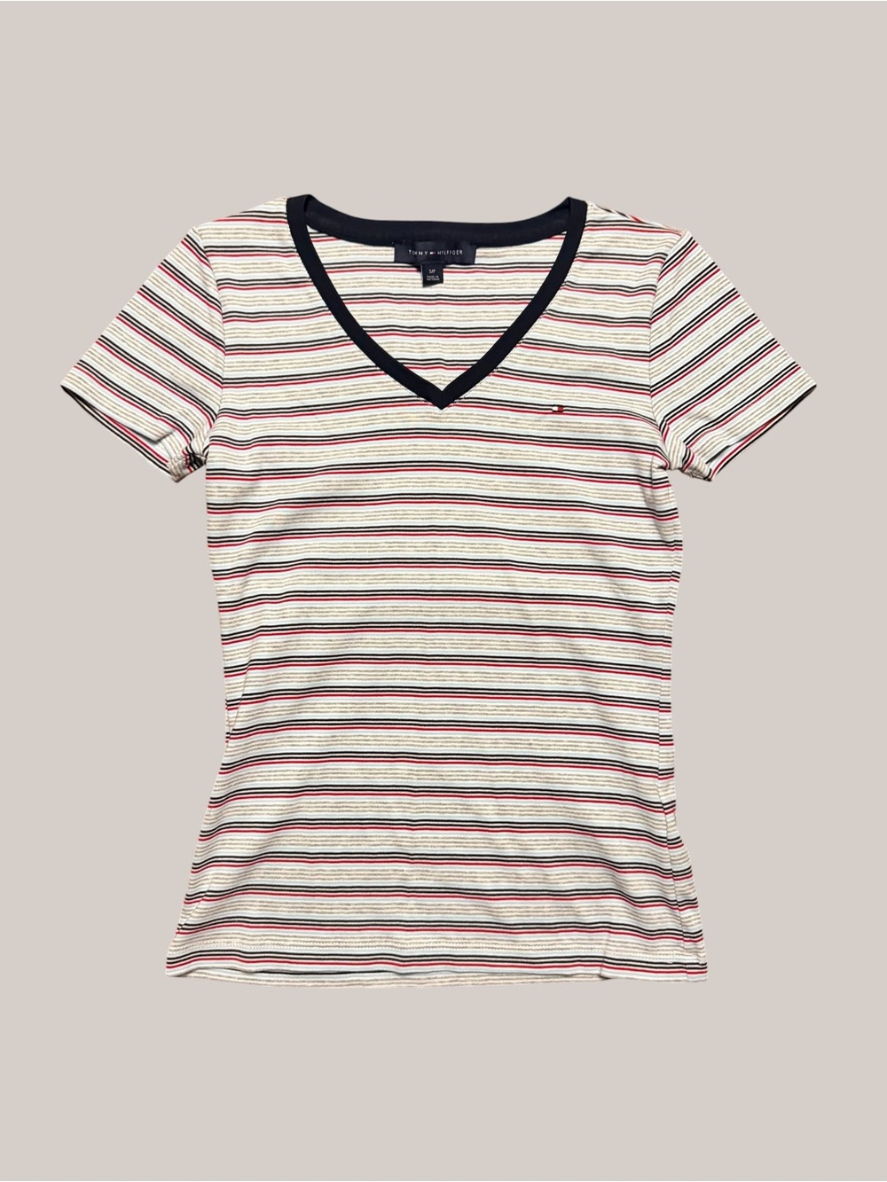 Tommy Hilfiger grey, navy, & red striped V-neck top